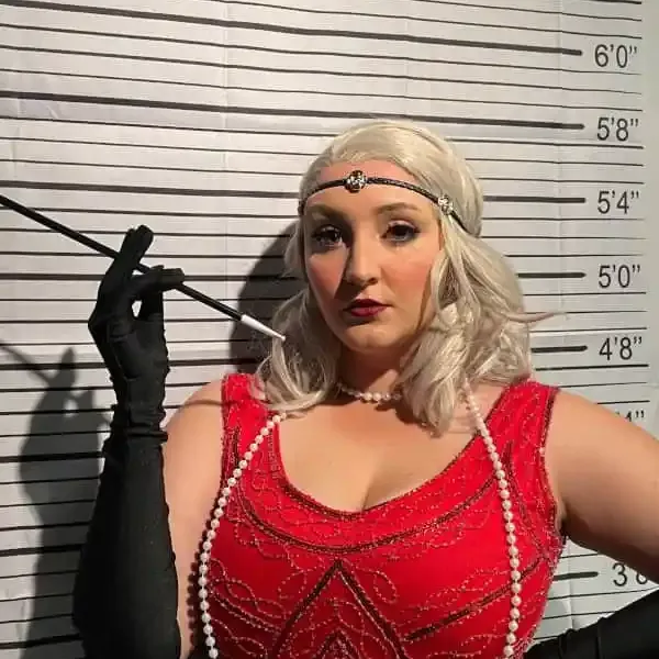 a woman in a bright red dress